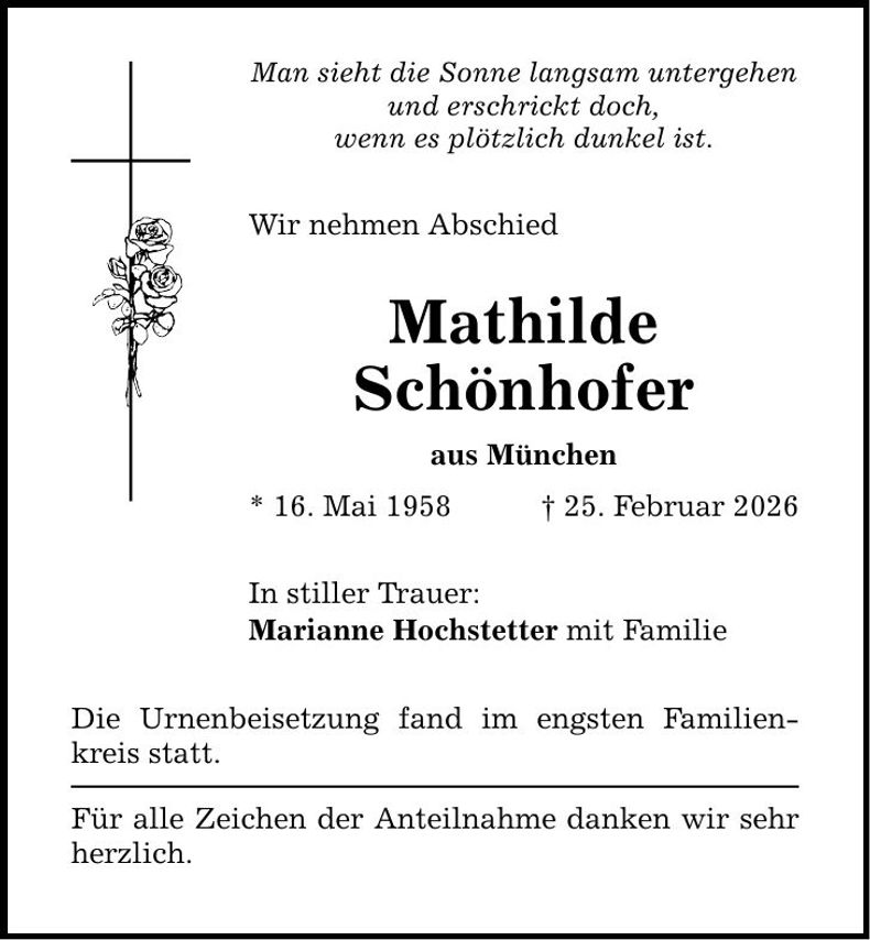 Traueranzeige Mathilde Schönhofer