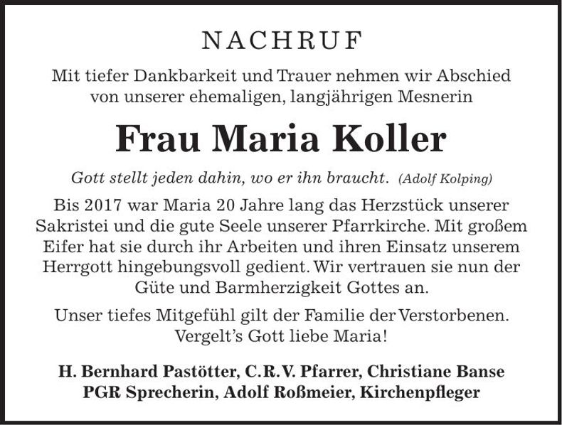 Traueranzeige Maria Koller