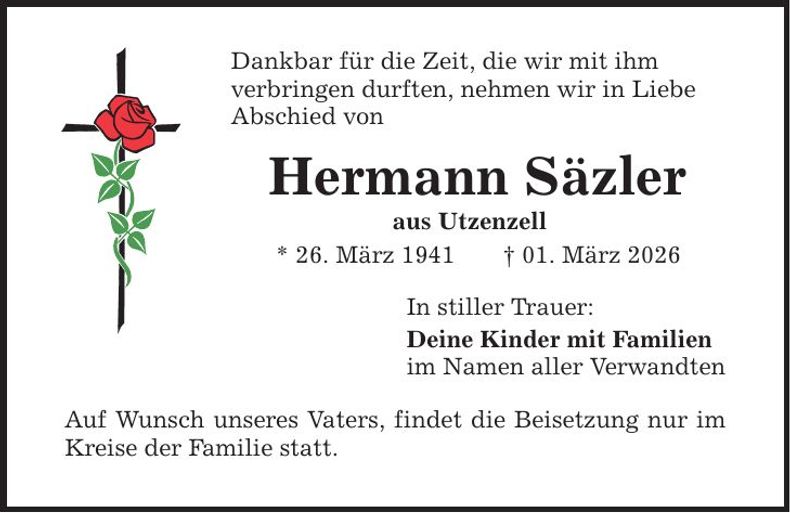 Traueranzeige Hermann Säzler