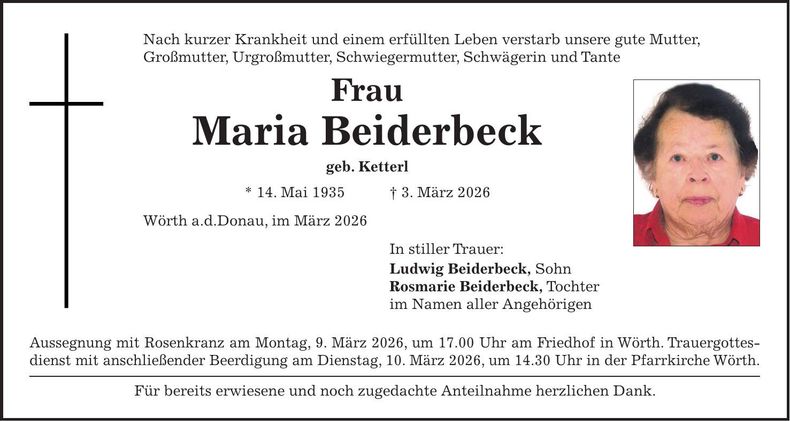 Traueranzeige Maria Beiderbeck