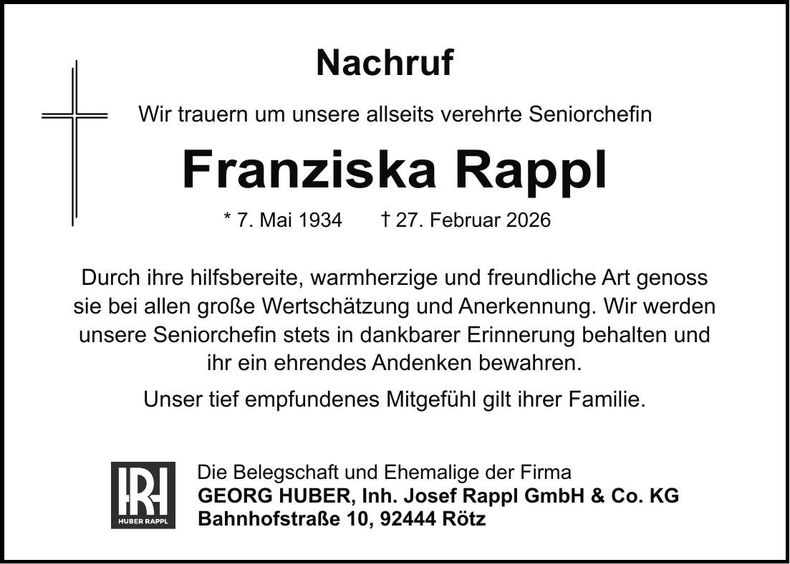 Traueranzeige Franziska Rappl