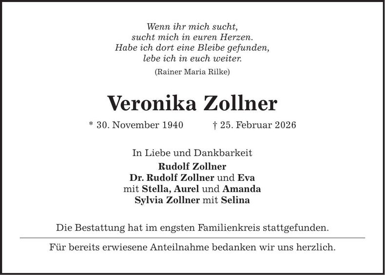 Traueranzeige Veronika Zollner