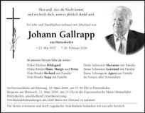Traueranzeige Johann Gallrapp