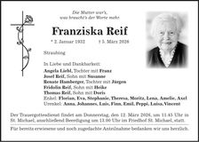 Traueranzeige Franziska Reif