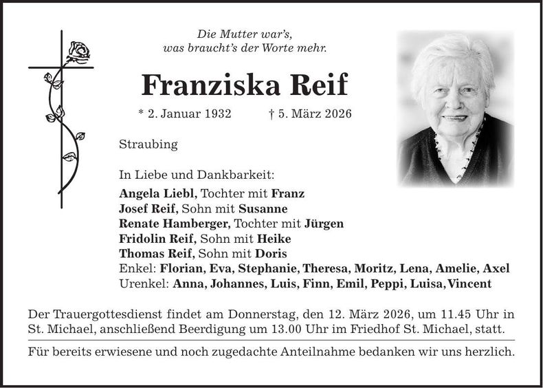 Traueranzeige Franziska Reif