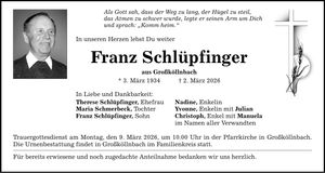Traueranzeige Franz Schlüpfinger