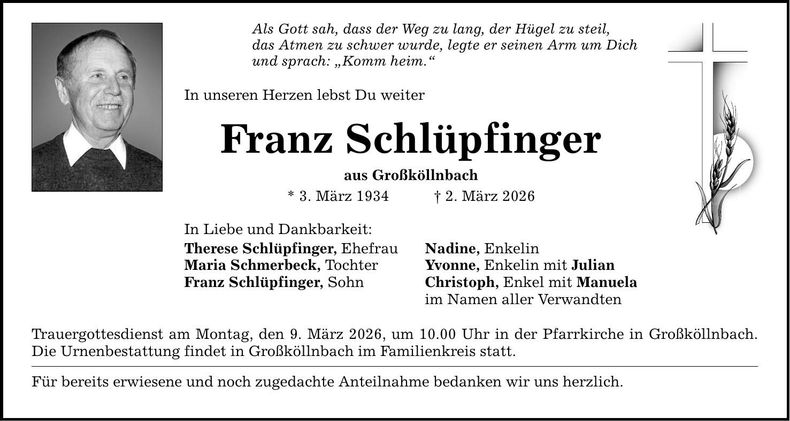 Traueranzeige Franz Schlüpfinger