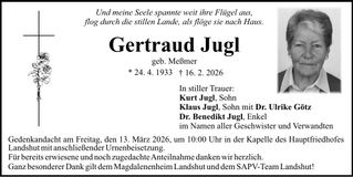Traueranzeige Gertraud Jugl