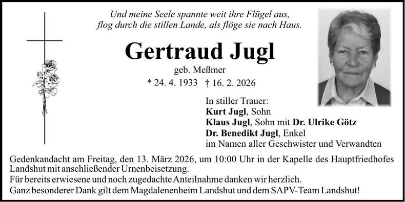Traueranzeige Gertraud Jugl
