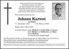 Traueranzeige Johann Karwot
