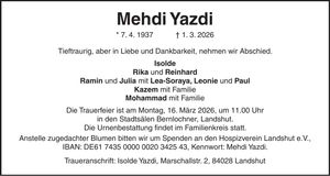 Traueranzeige Mehdi Yazdi