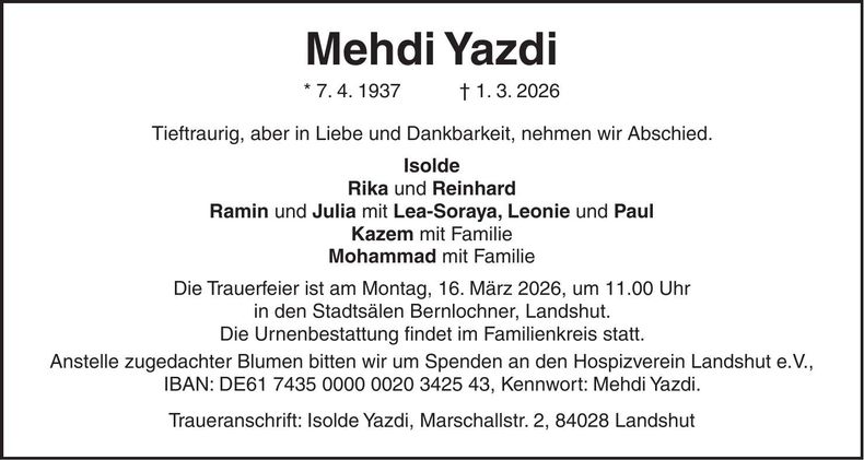 Traueranzeige Mehdi Yazdi