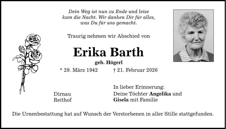 Traueranzeige Erika Barth