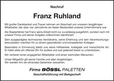 Traueranzeige Franz Ruhland