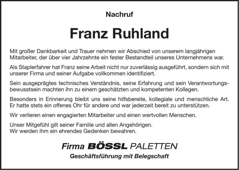 Traueranzeige Franz Ruhland