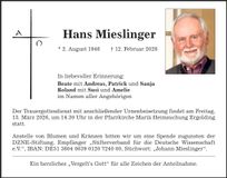 Traueranzeige Hans Mieslinger