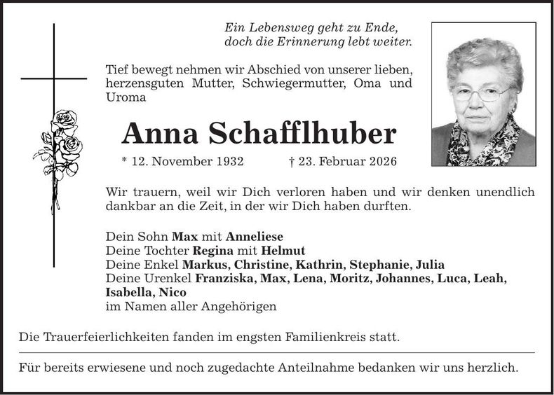 Traueranzeige Anna Schafflhuber