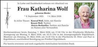 Traueranzeige Katharina Wolf