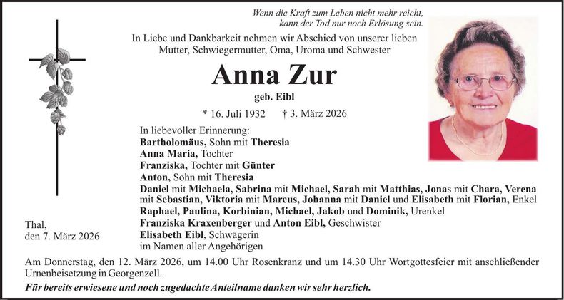 Traueranzeige Anna Zur