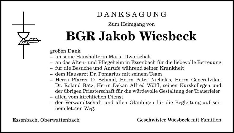 Traueranzeige Jakob Wiesbeck