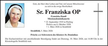 Traueranzeige Sr. Geraldine OP
