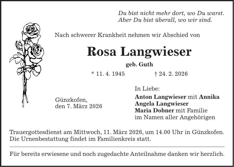 Traueranzeige Rosa Langwieser