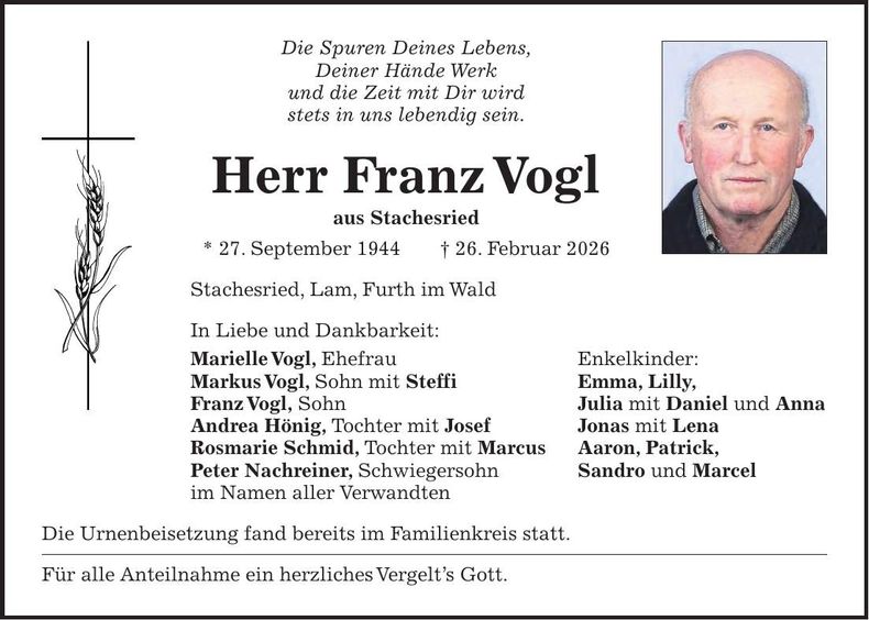 Traueranzeige Franz Vogl