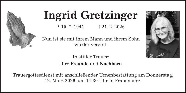 Traueranzeige Ingrid Gretzinger