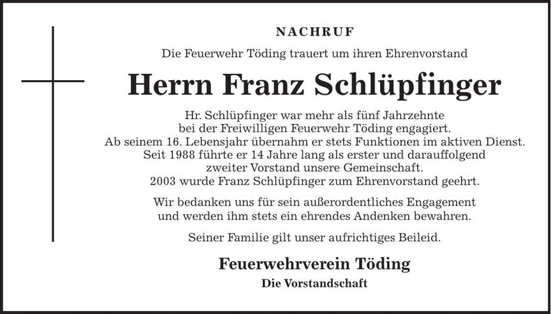 Traueranzeige Franz Schlüpfinger