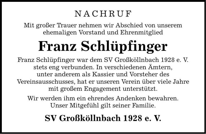 Traueranzeige Franz Schlüpfinger