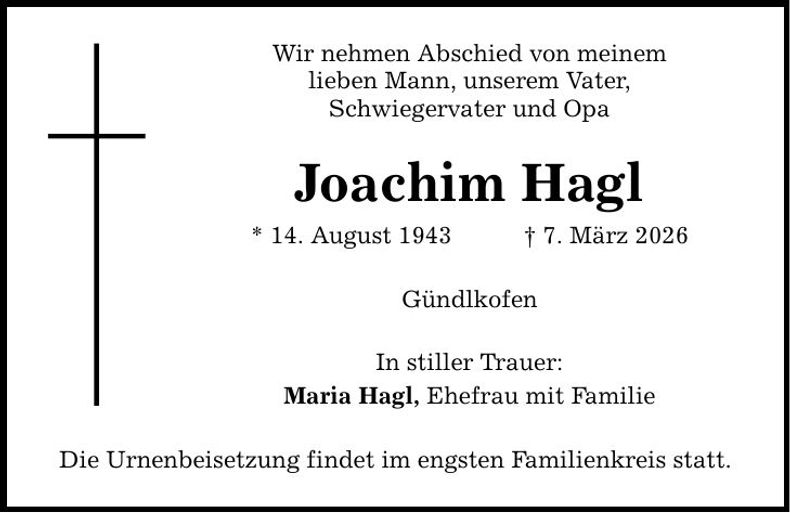 Traueranzeige Joachim Hagl