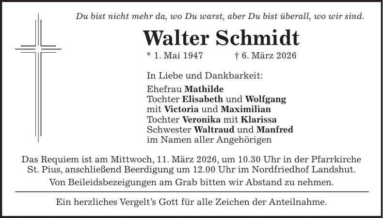 Traueranzeige Walter Schmidt