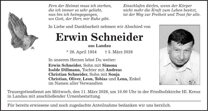 Traueranzeige Erwin Schneider