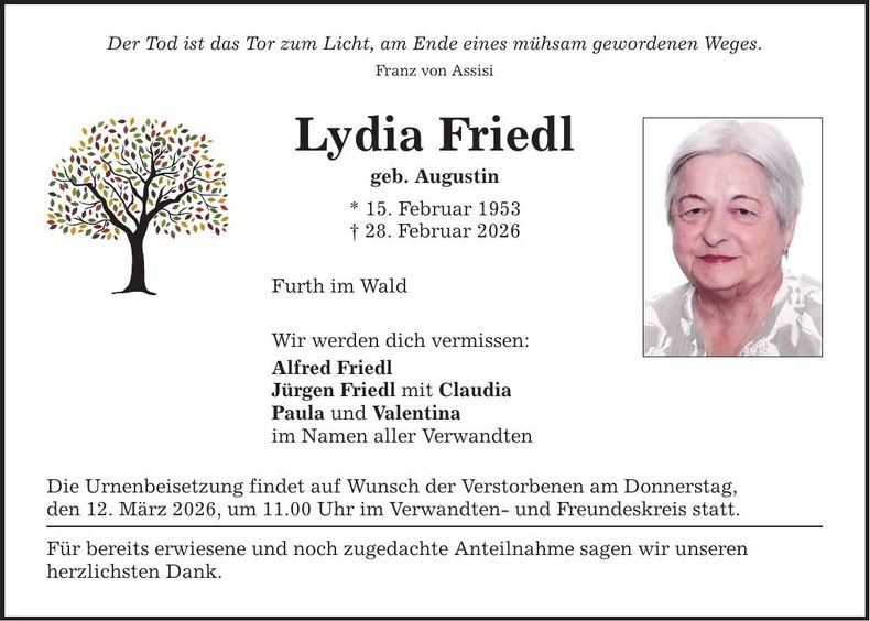 Traueranzeige Lydia Friedl