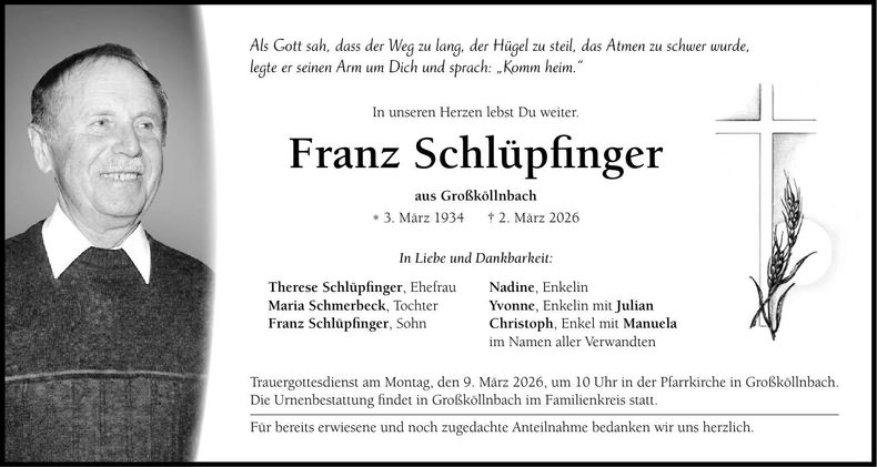 Traueranzeige Franz Schlüpfinger