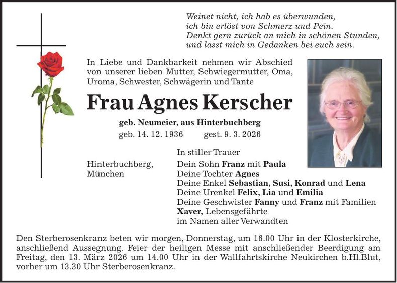 Traueranzeige Agnes Kerscher