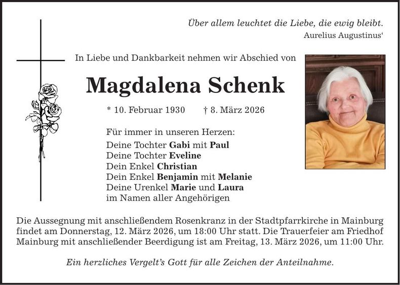 Traueranzeige Magdalena Schenk
