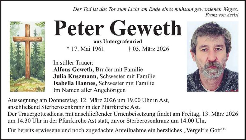 Traueranzeige Peter Geweth