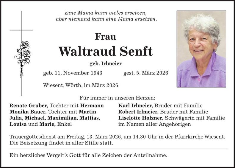 Traueranzeige Waltraud Senft