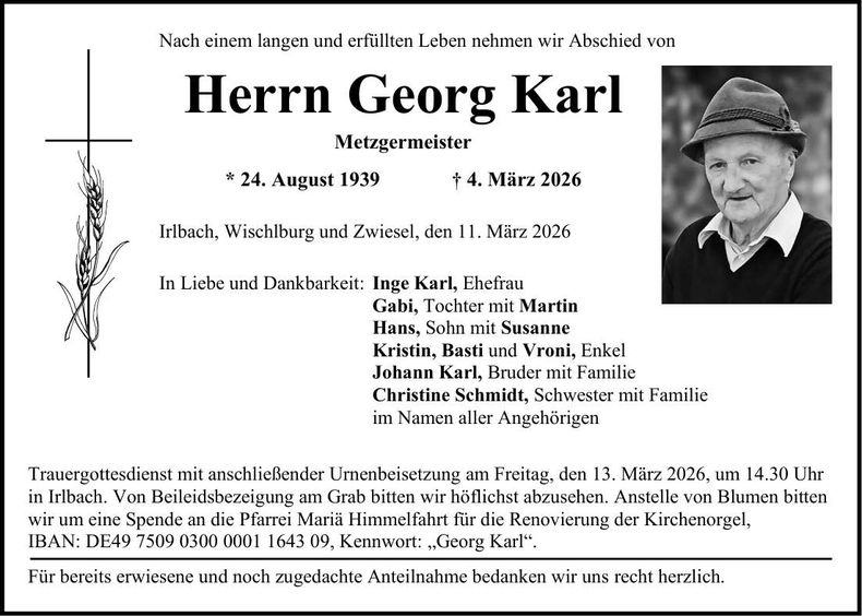 Traueranzeige Georg Karl