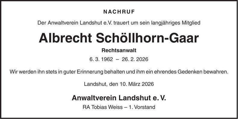 Traueranzeige Albrecht Schöllhorn-Gaar