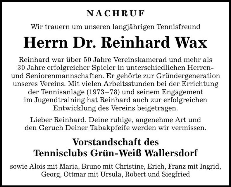 Traueranzeige Reinhard Wax
