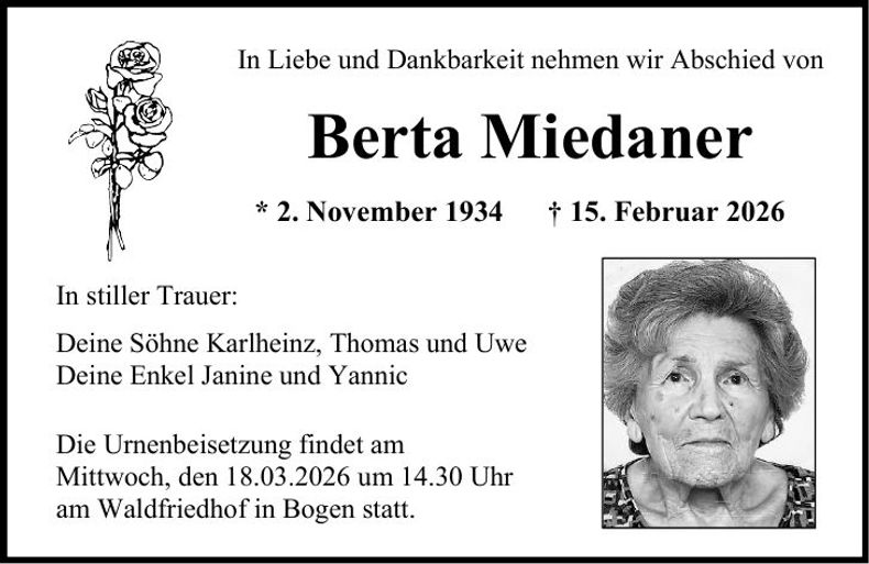 Traueranzeige Berta Miedaner