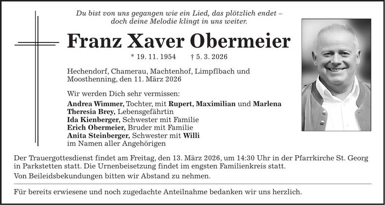 Traueranzeige Franz Xaver Obermeier