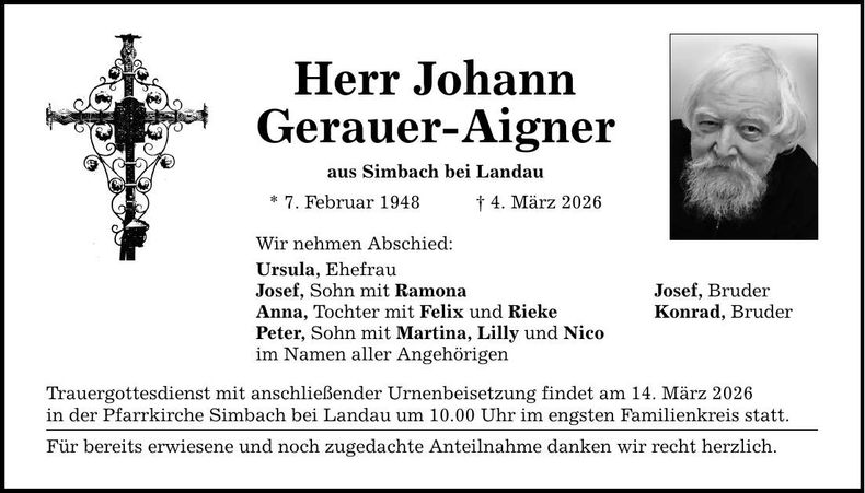 Traueranzeige Johann Gerauer-Aigner