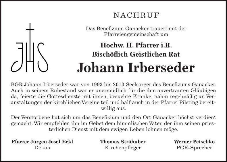 Traueranzeige Johann Irberseder