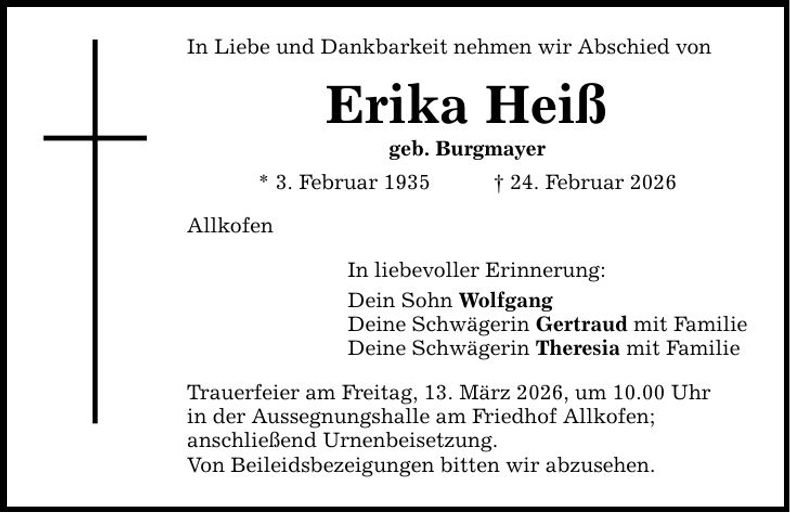 Traueranzeige Erika Heiß