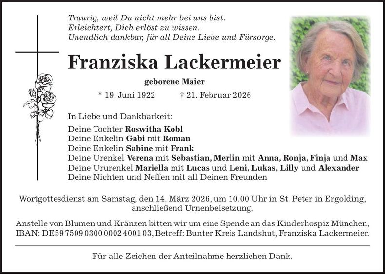 Traueranzeige Franziska Lackermeier