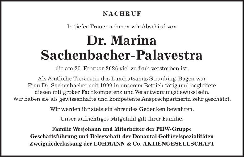 Traueranzeige Marina Schenbacher