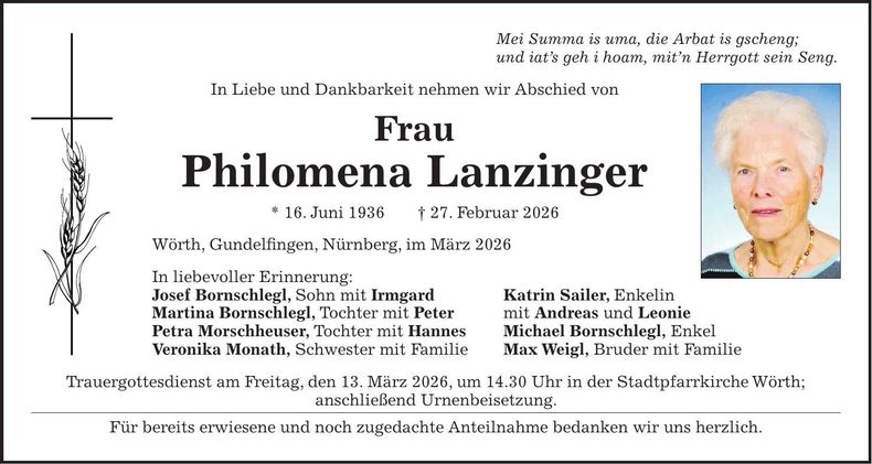 Traueranzeige Philomena Lanzinger